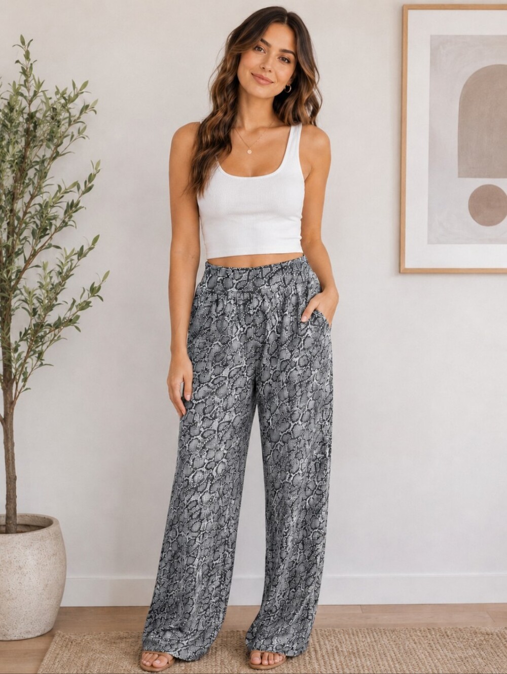Bar III Gray Snake-Print Wide Leg Pants